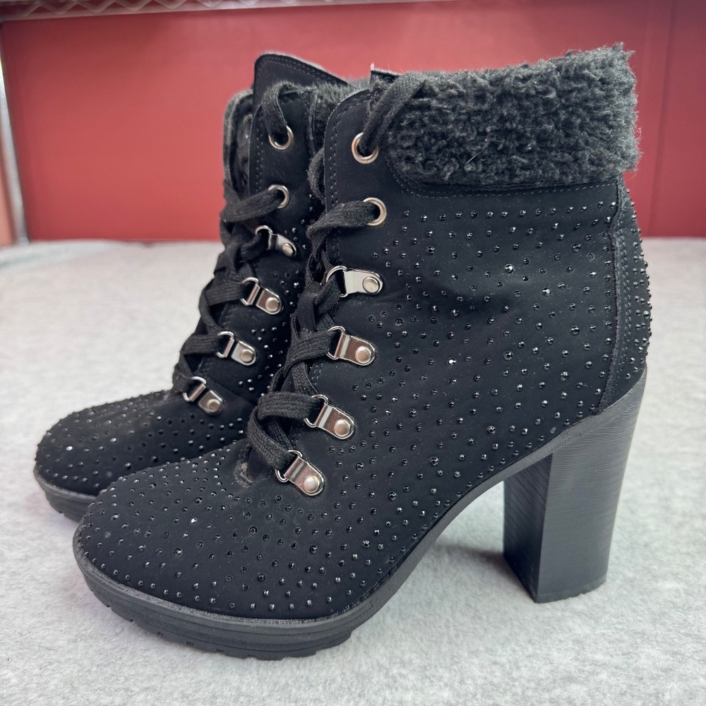 Andiamo AGUNNY Black Rhinestone‎ Studded Faux Fur Lace Up Block Heel Boots 7M